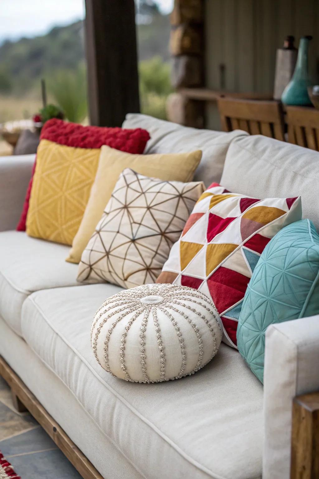 A playful and inventive mixture of pillow shapes enriching the visual appeal of the decor.