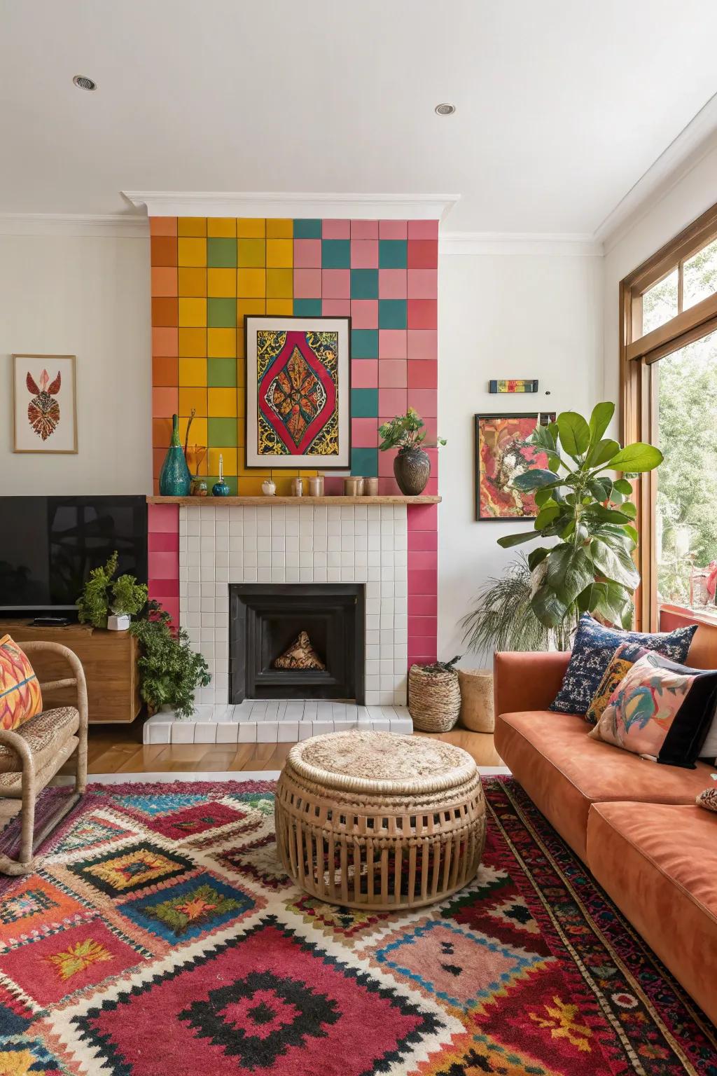 Daring color division turns this fireplace into a vibrant piece of art.