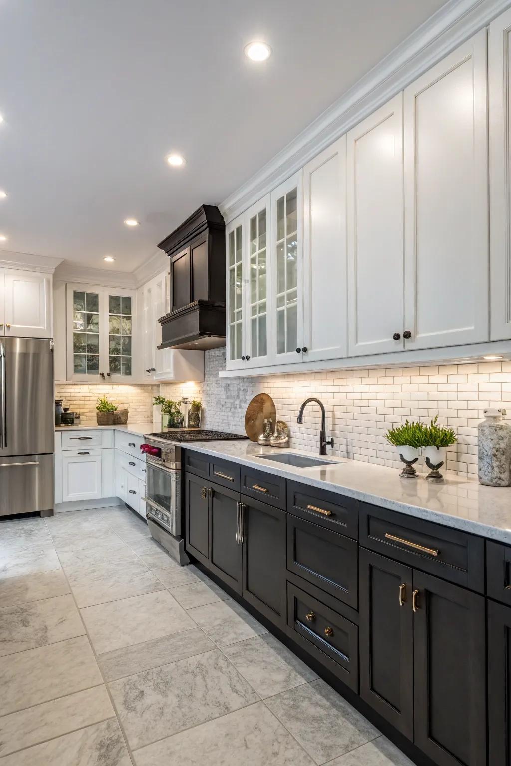 Dual-tone cabinets offer a stylish contrast in the kitchen.