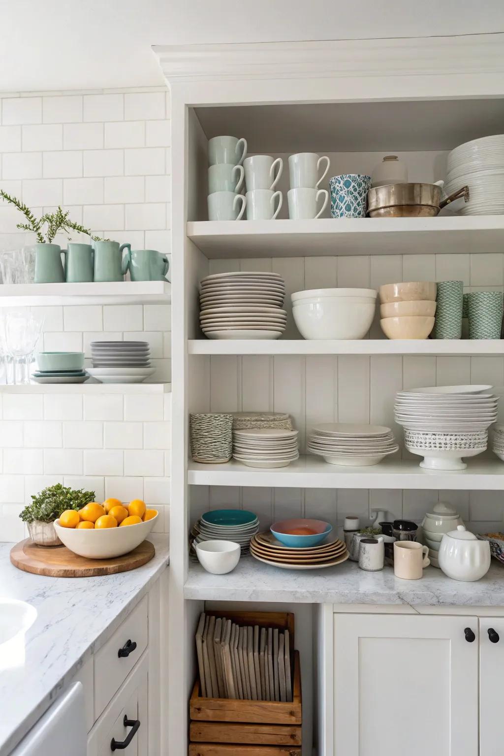 Open shelving adds style and practicality to the white kitchen.