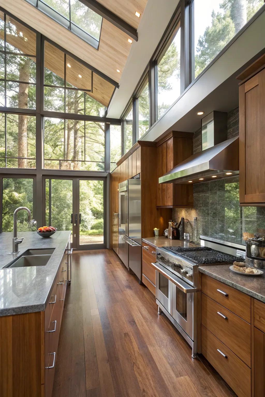 Diverse materials adding sophistication to a wide galley kitchen.