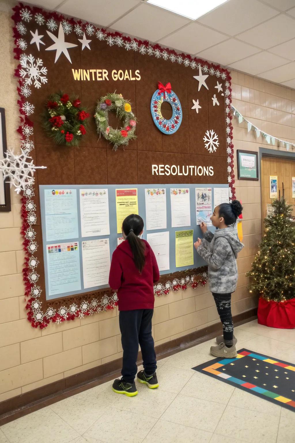 A goals and resolutions board inspires students to aim high in the new year.