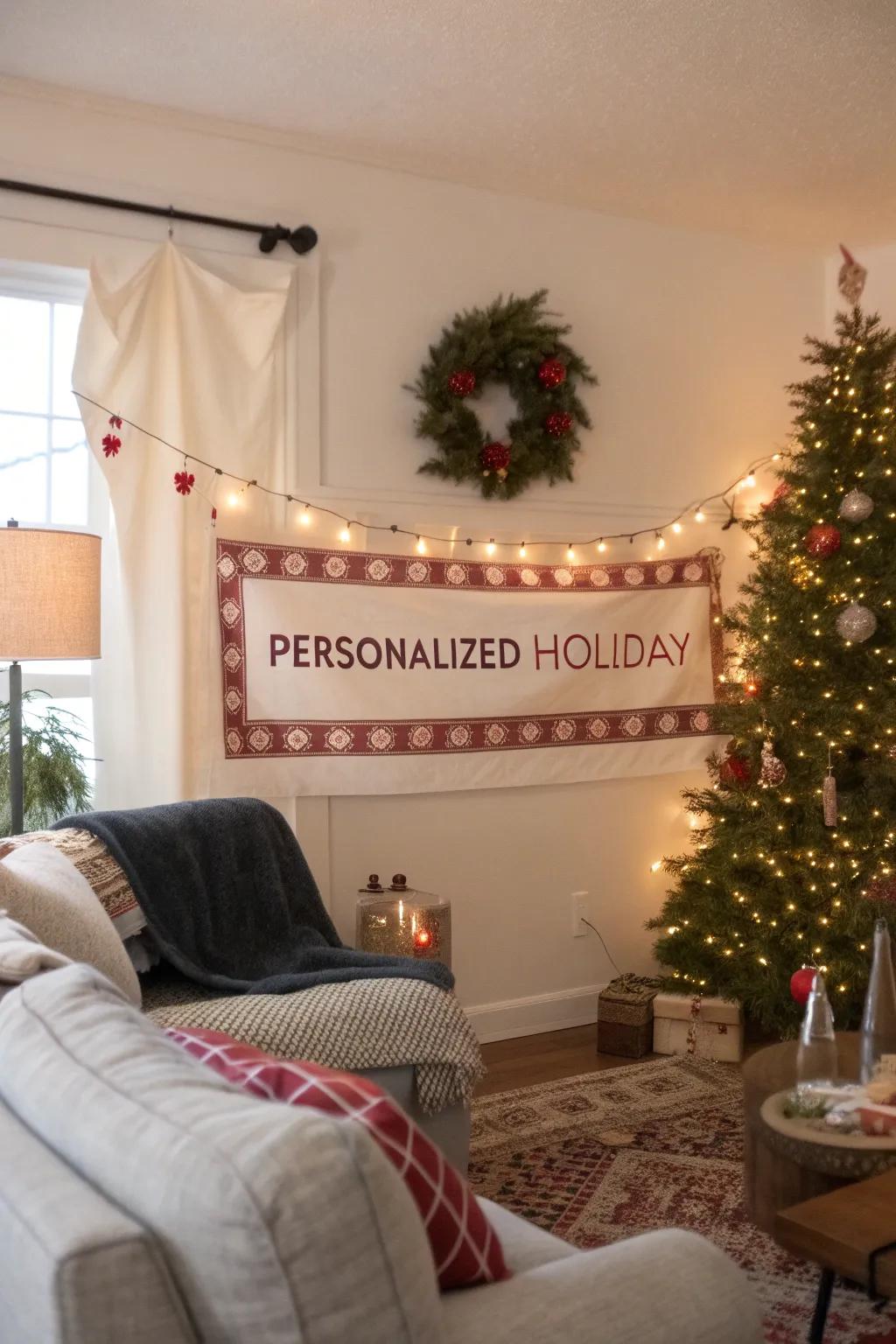 A personalized banner disseminates holiday cheer.