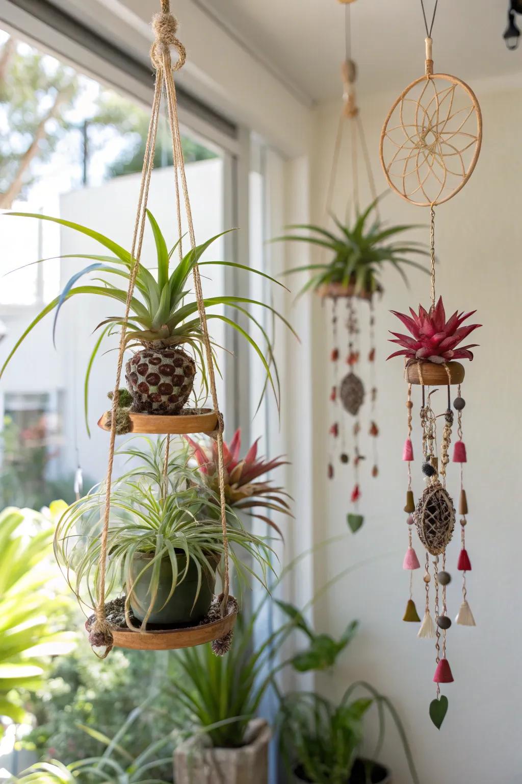 A whimsical air plant mobile adding movement to the space.