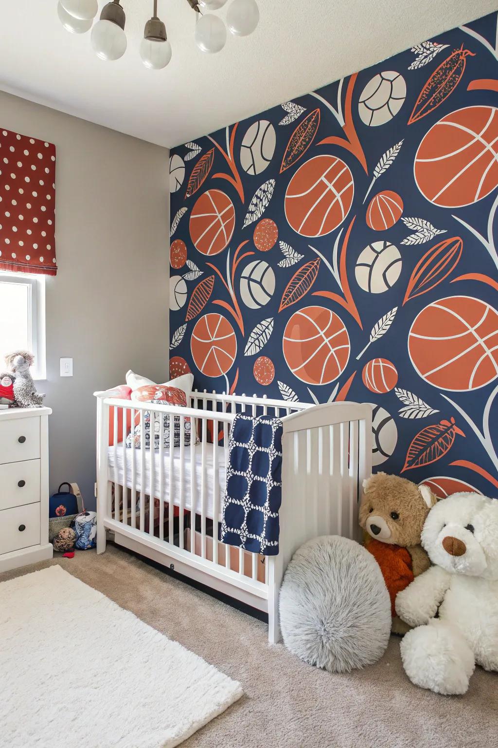 Sports-themed wallpaper fashions a striking focal point in the nursery.