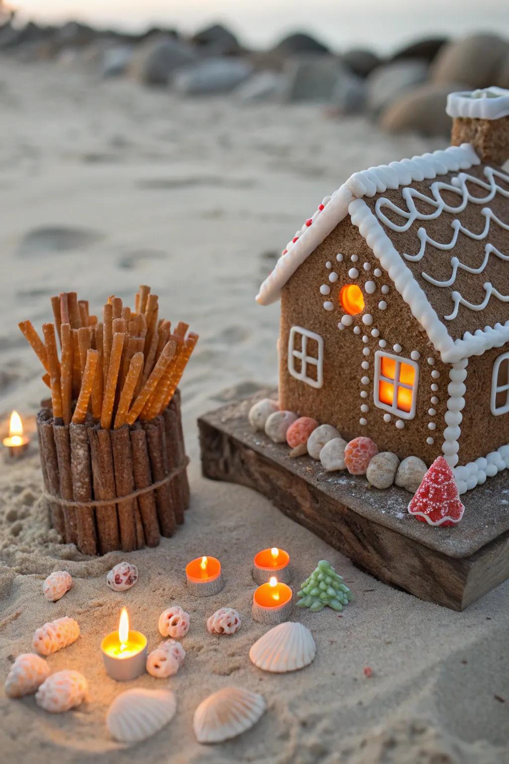 A mini beach bonfire adds warmth and community.