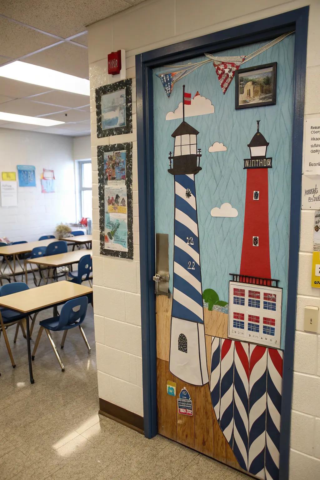 Classroom door with a sailor's beacon theme guiding educational adventures.