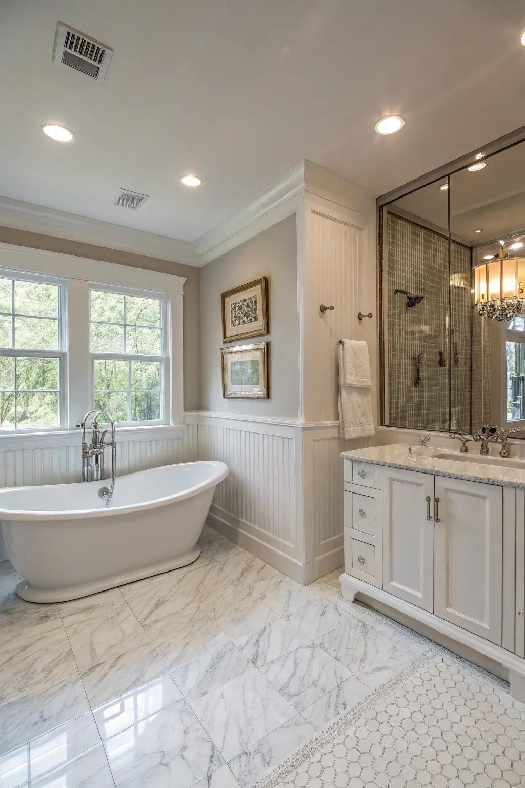 A luxurious master bath with elegant beadboard paneling.