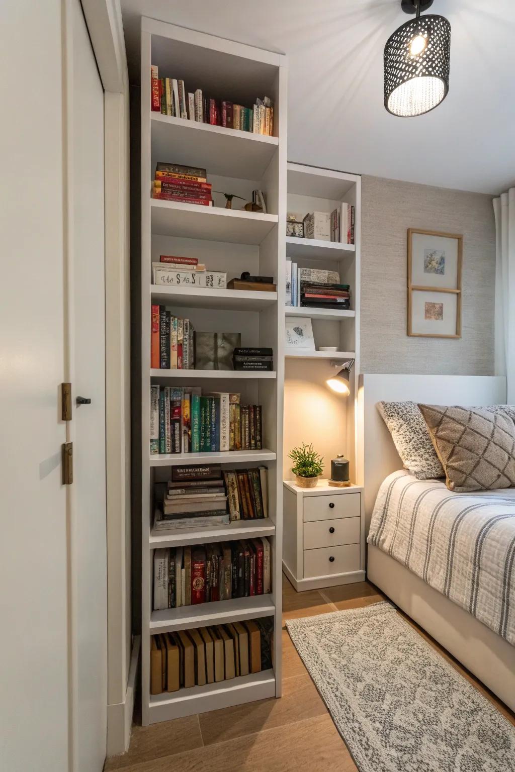 Tall shelves make the most of vertical space in compact bedrooms.