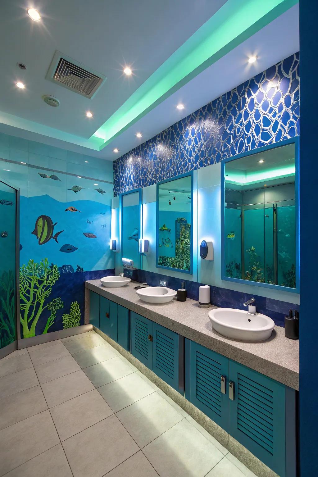 Aquatic-inspired lighting creates a serene atmosphere in a boys' bathroom.