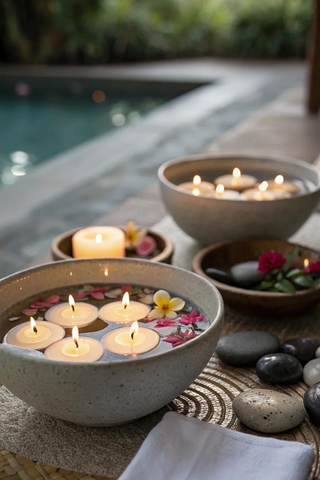 Floating candles add elegance and serenity to the celebration.