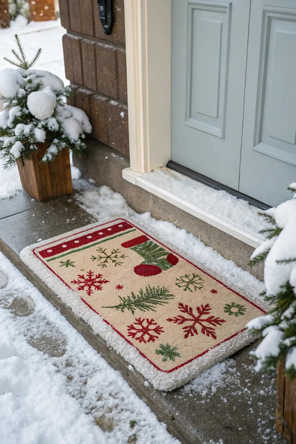 A festive door mat adds a cheerful touch to this holiday entry.