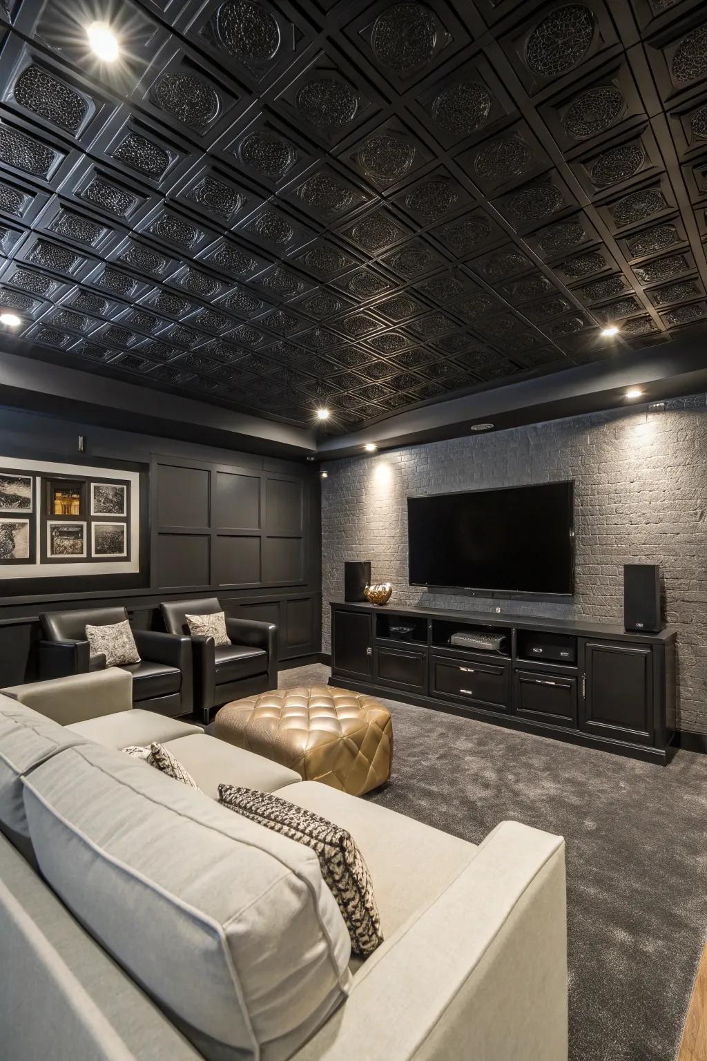 Dramatic elegance with black ceiling tiles.