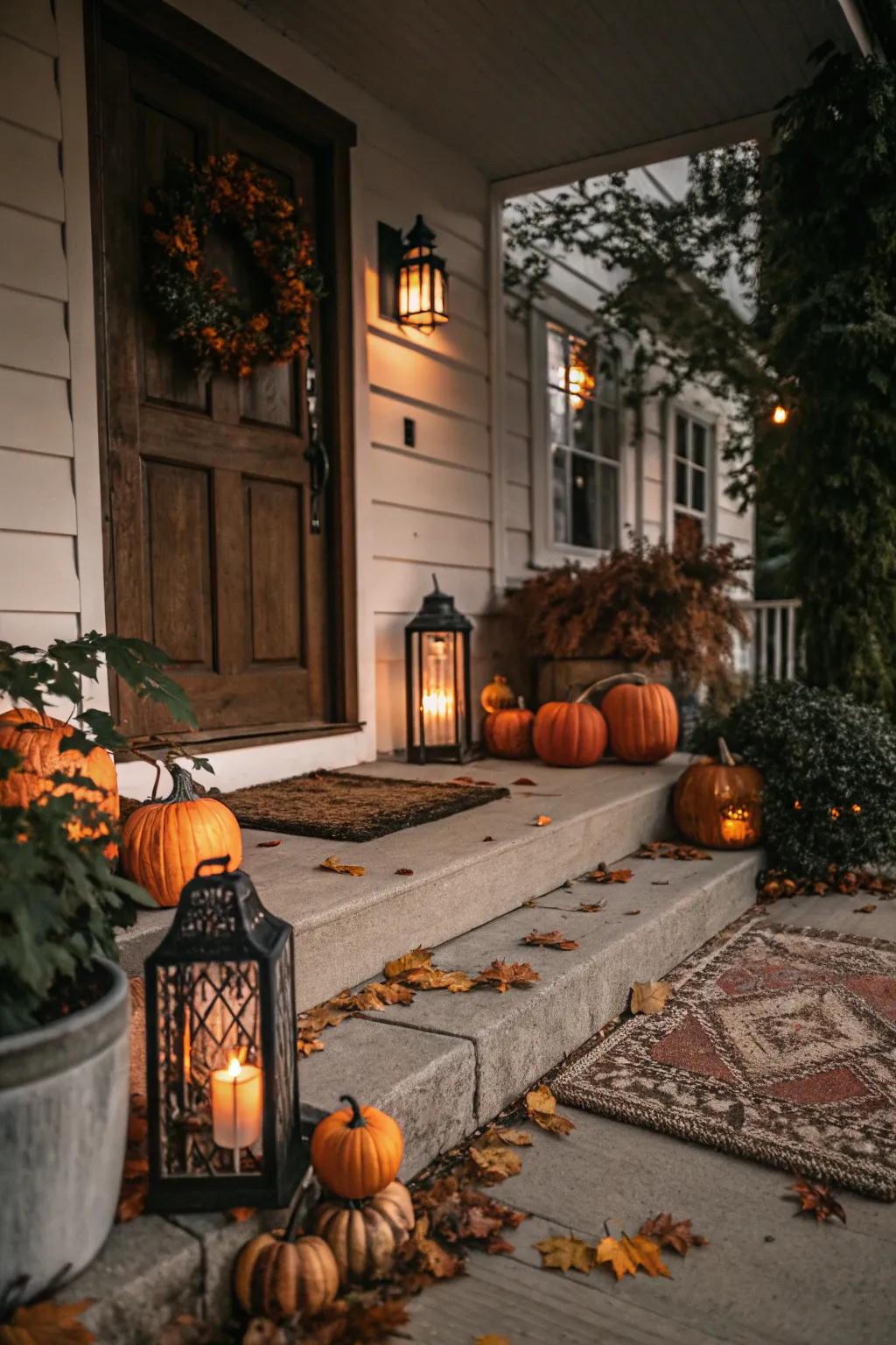 Contemplative radiance adds a cozy and inviting ambiance to the fall entryway.