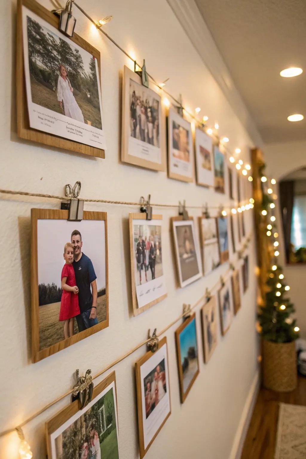 A clipboard display offers a casual and easily changeable photo wall solution.