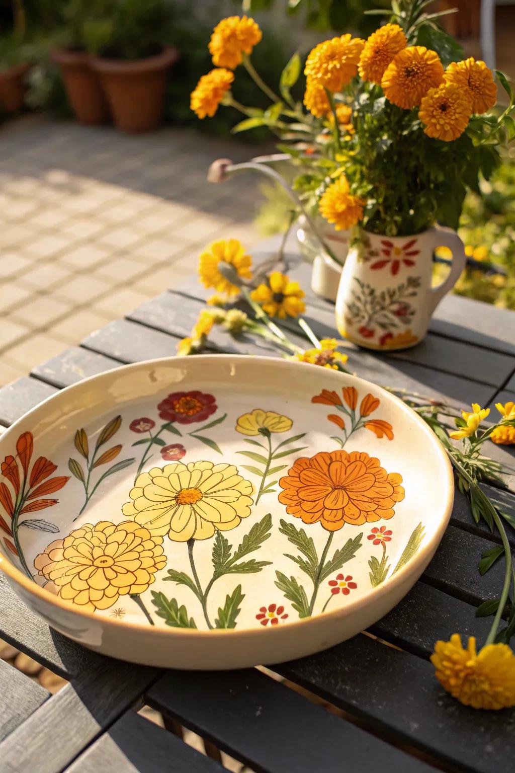 Sun-kissed marigolds add warmth and vibrancy to your plate designs.