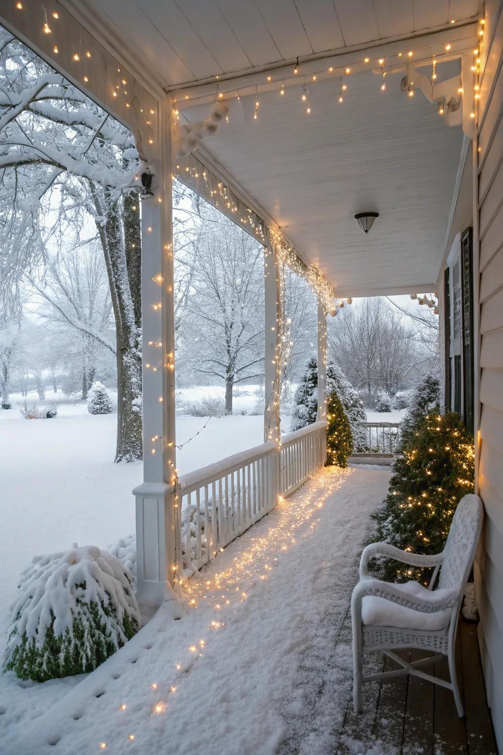 A winter wonderland porch captivates with its magical charm.