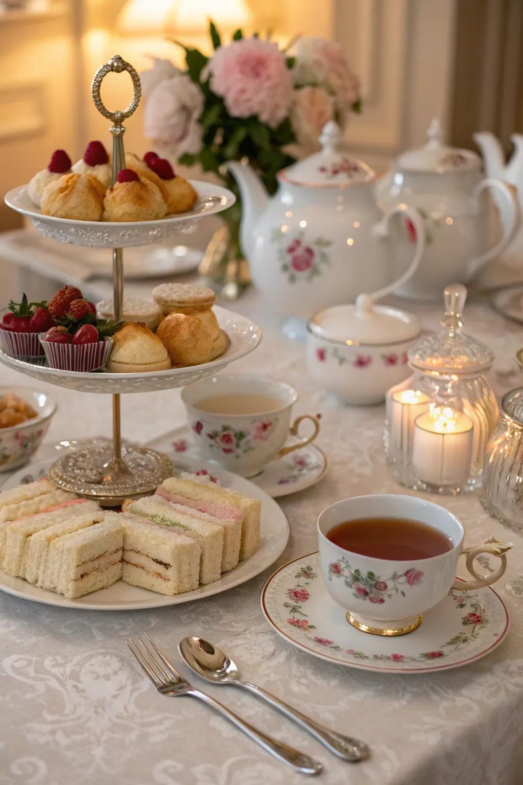 An elegant tea party setup for a refined Galentine's Day gathering.