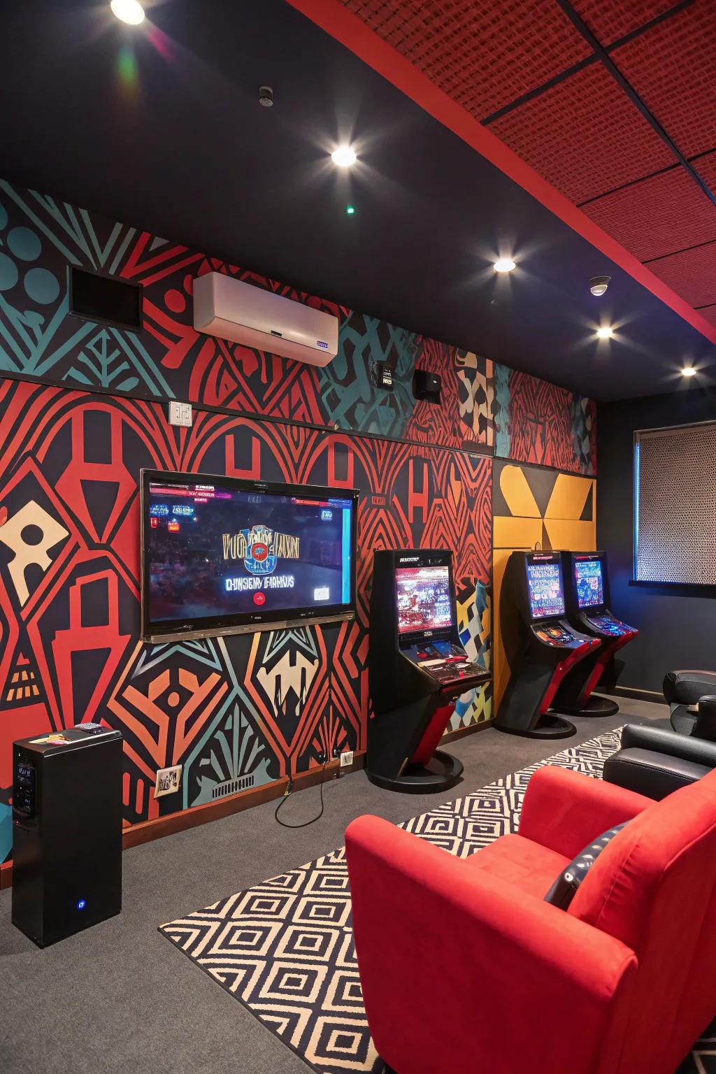 Bold wall patterns bring visual interest and a vibrant atmosphere to the gaming lounge.