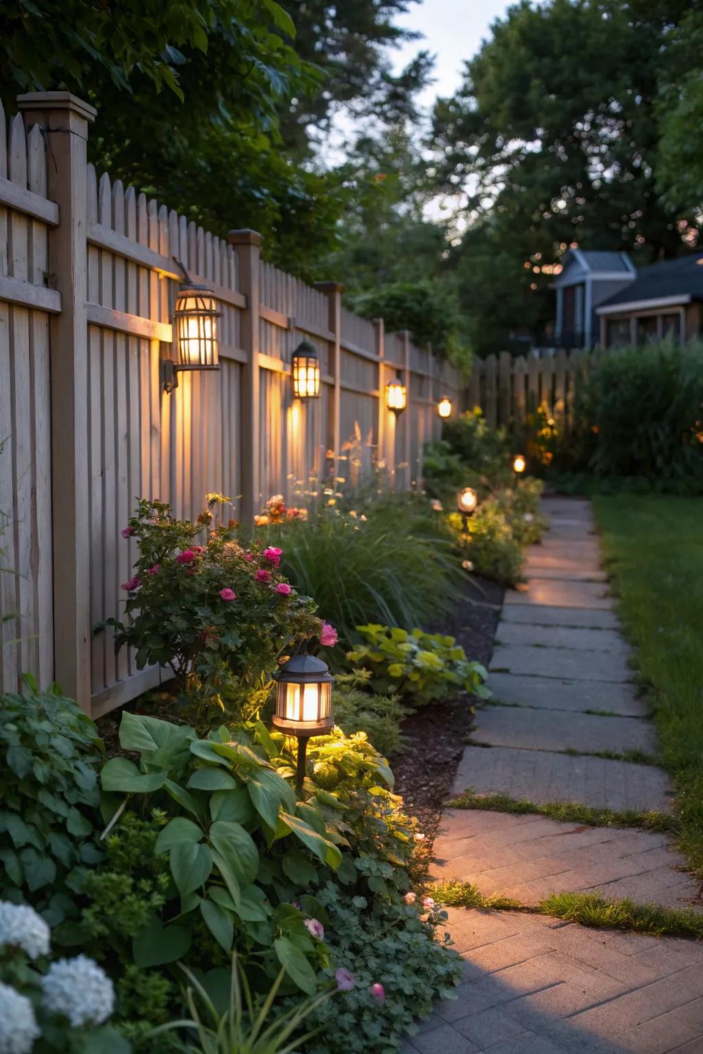 Solar lights brighten the fence, adding security and ambiance to the garden.