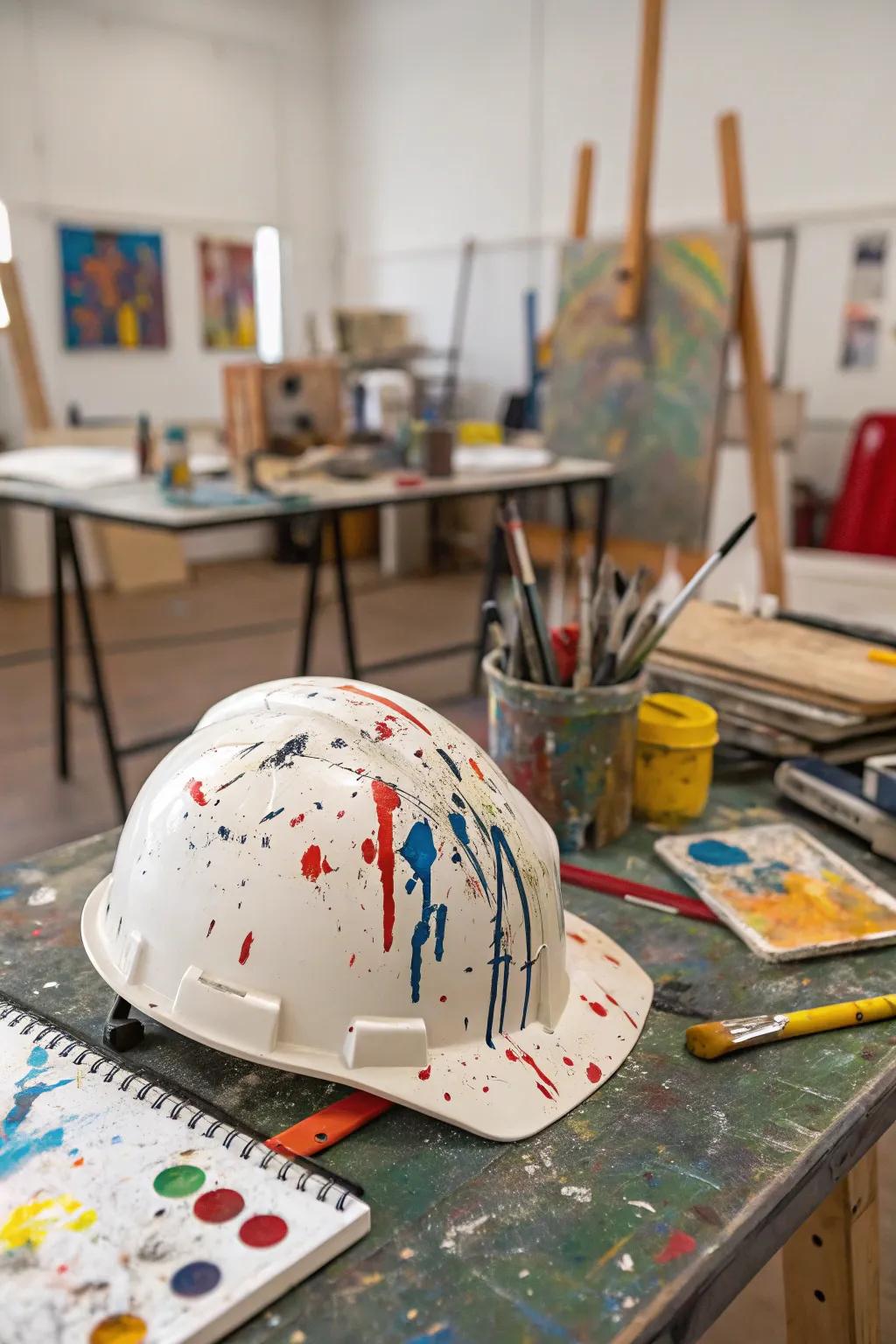A safety helmet exploding with abstract creativity.