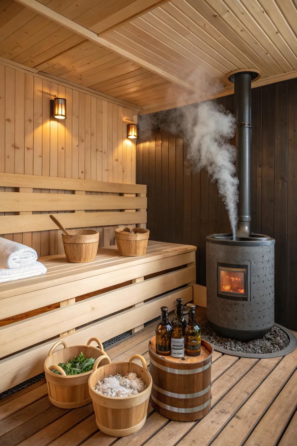 Therapeutic scents add an olfactory dimension to this sauna experience.