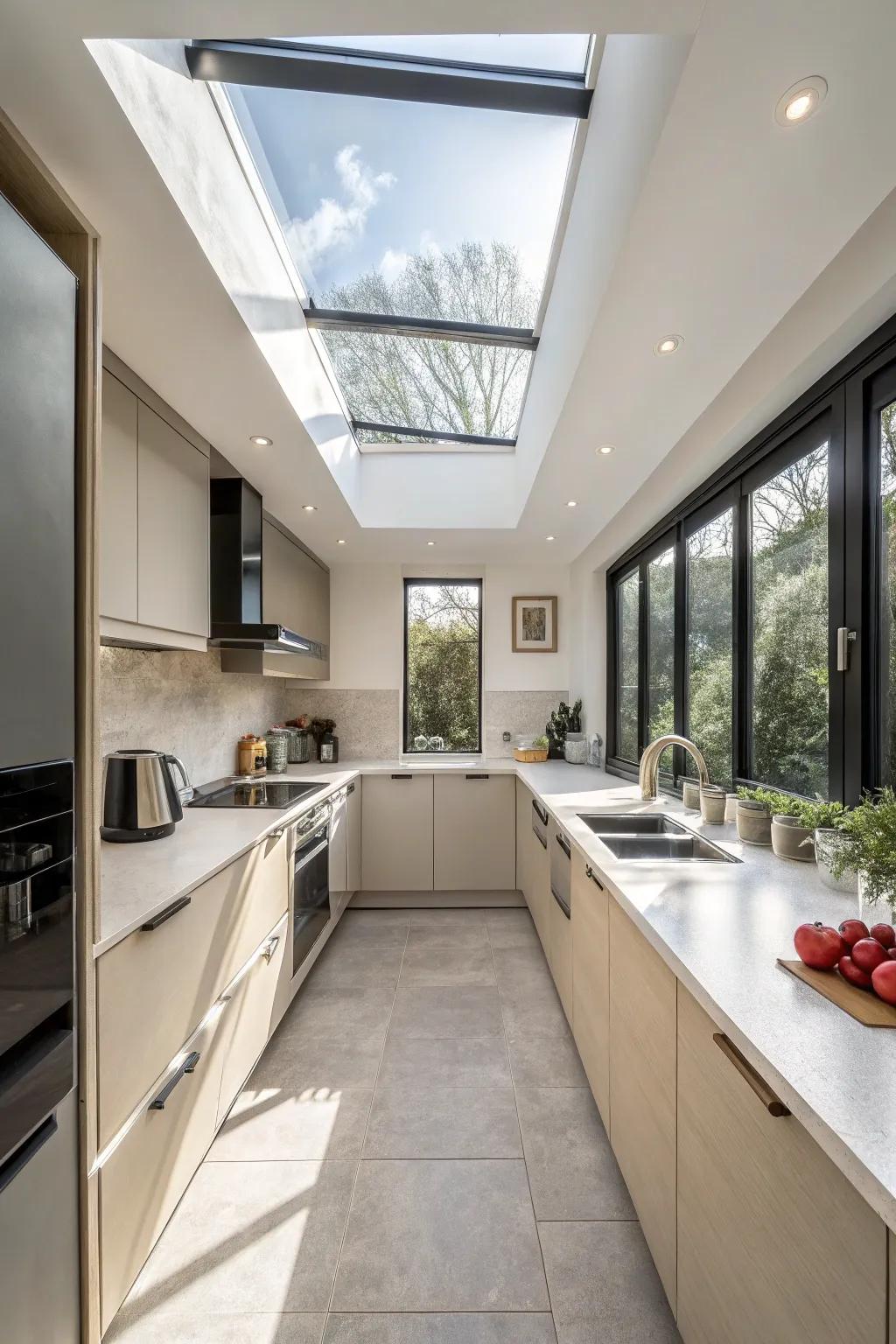 A skylight brings light and an illusion of space.