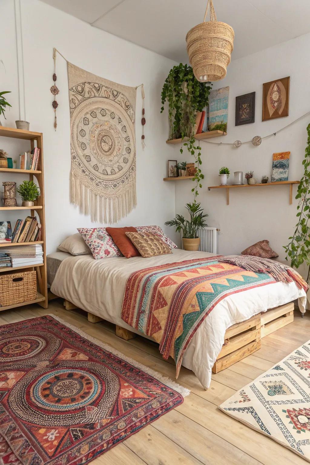 A bohemian vibe adding color and energy to a pale timber floor bedroom.