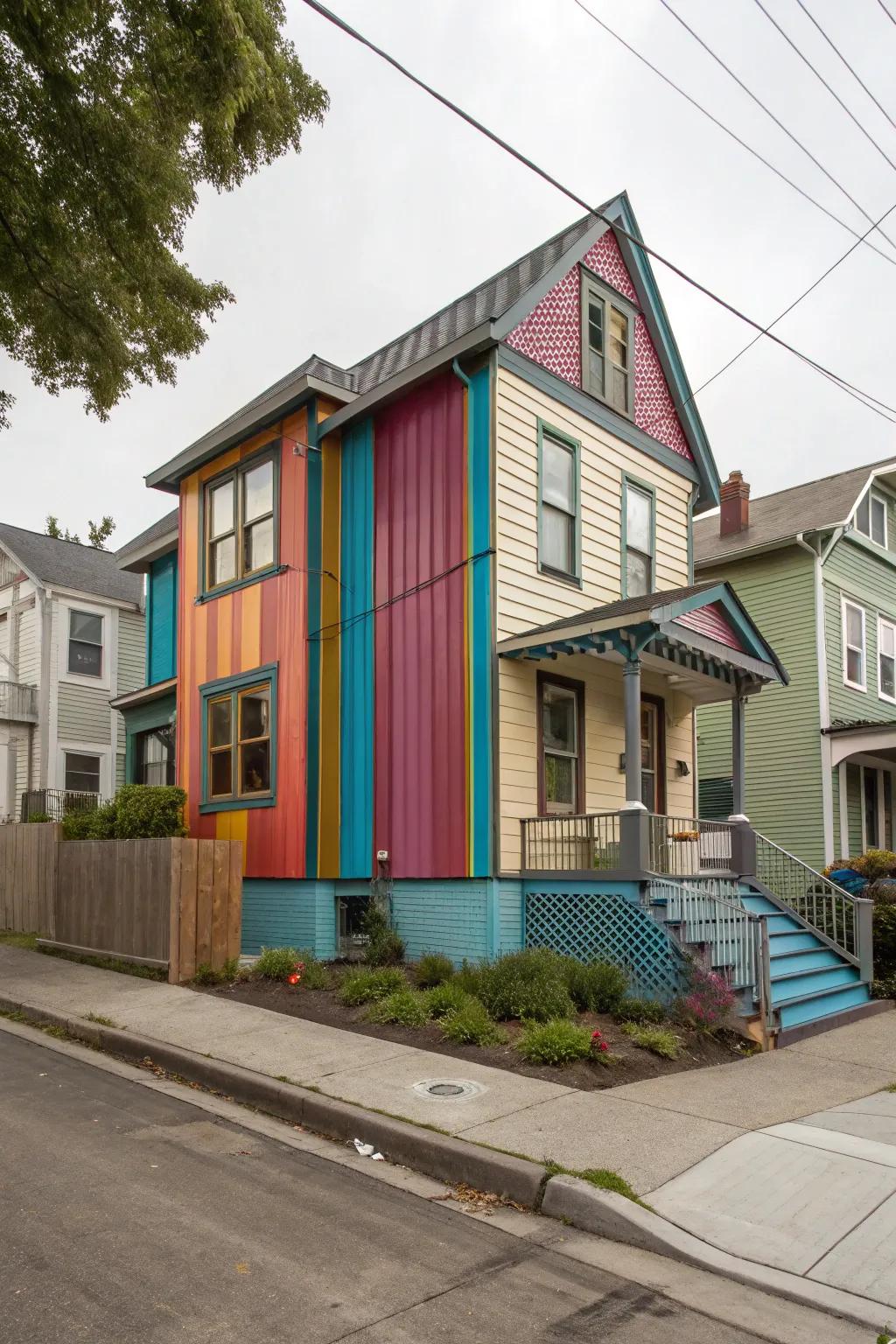 An artistic neighborhood home featuring vibrant accent boards of metal cladding for a bold look.