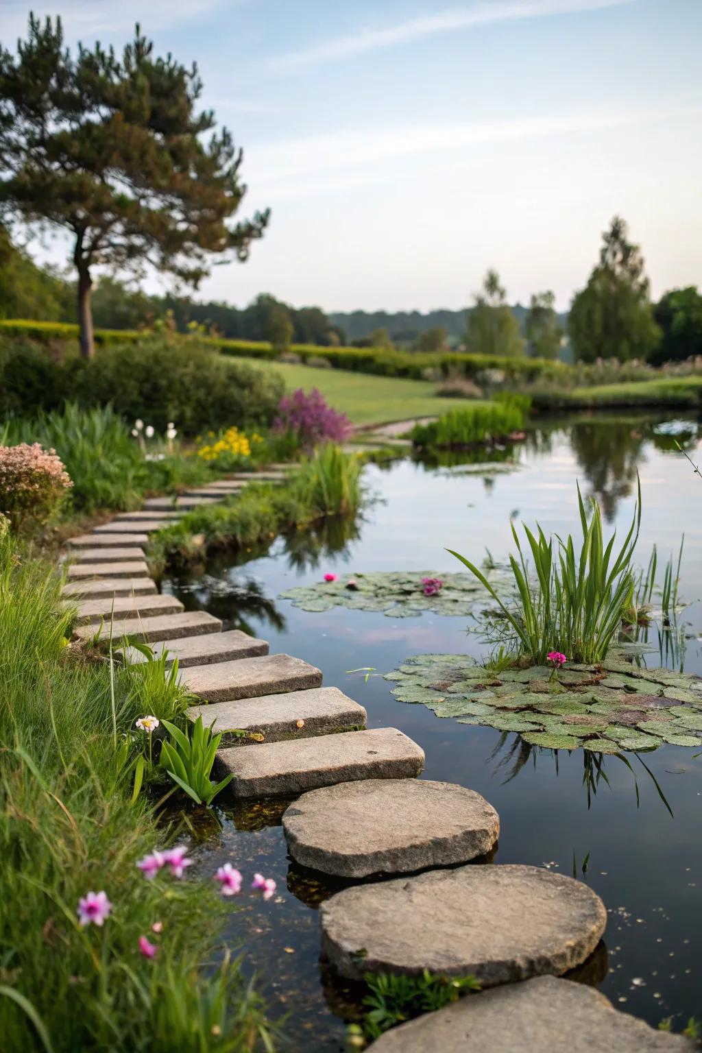 Stepping stones lead to a hidden gem of a mini pond.