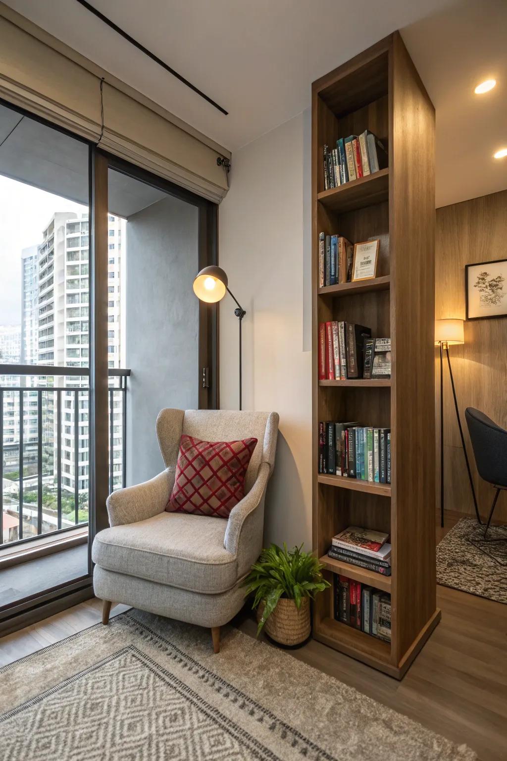 A reading nook offers a personal retreat for relaxation.