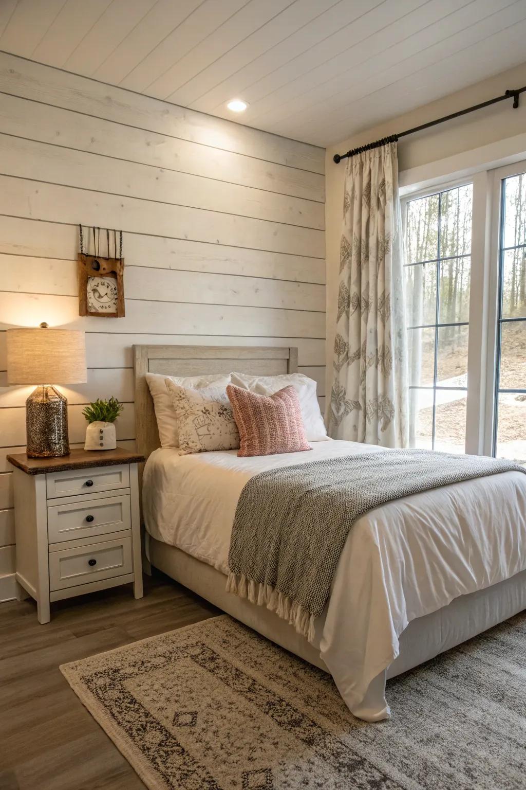 Shiplap walls add texture and farmhouse flair to this guest bedroom.