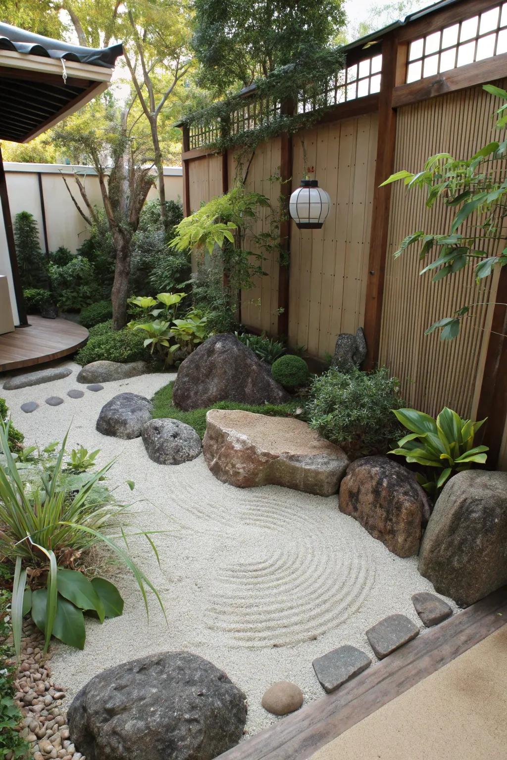 A zen corner offers a peaceful retreat for meditation in the garden.