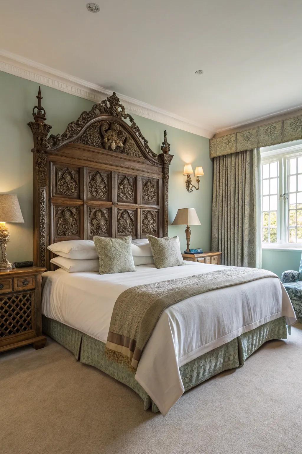 An elaborate headboard functions as an awe-inspiring central point in a modern Spanish bedroom.