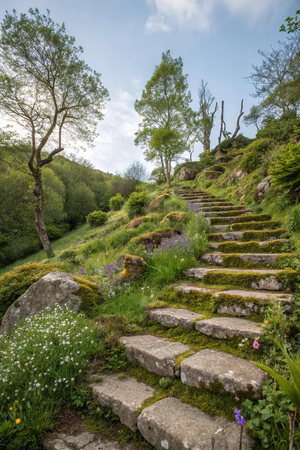 Elegant stone ascents proffering facile access to divergent garden tiers.
