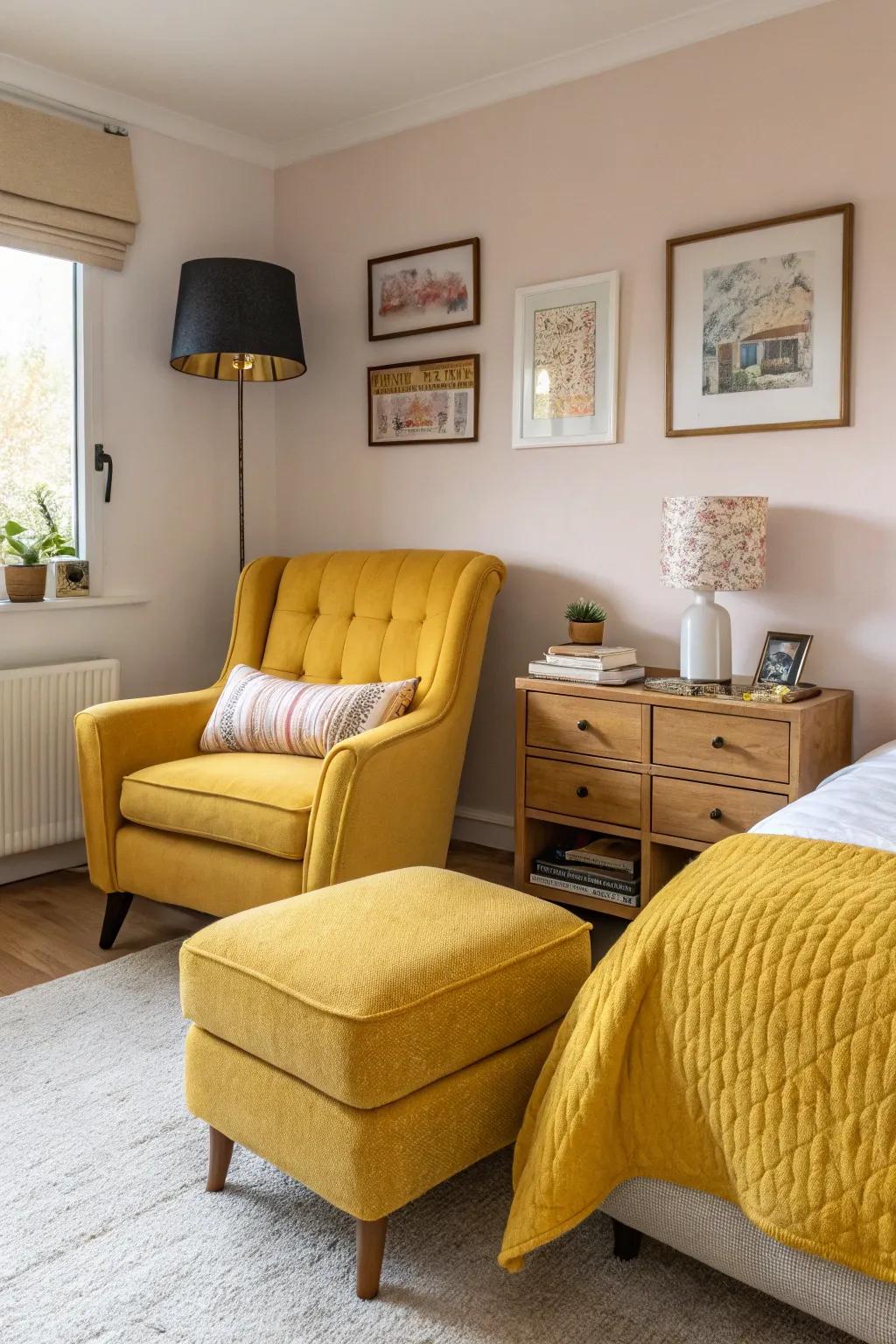 A bedroom with furniture upholstered in mustard yellow fabric.