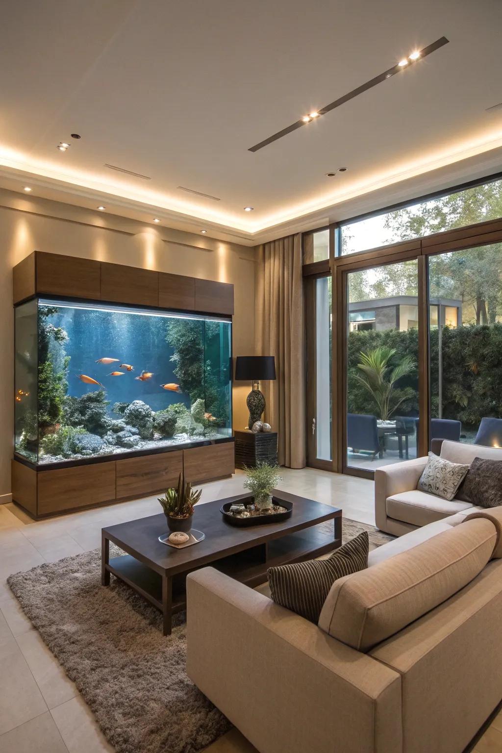 An aquarium adds a dynamic and serene touch to the room.