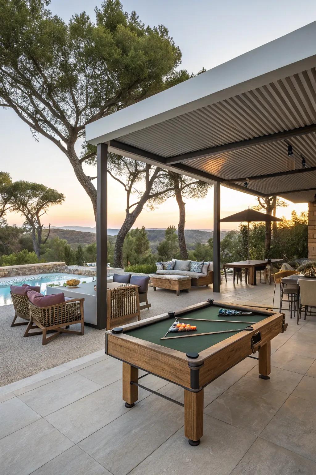A convertible outdoor billiards area featuring versatile furniture.