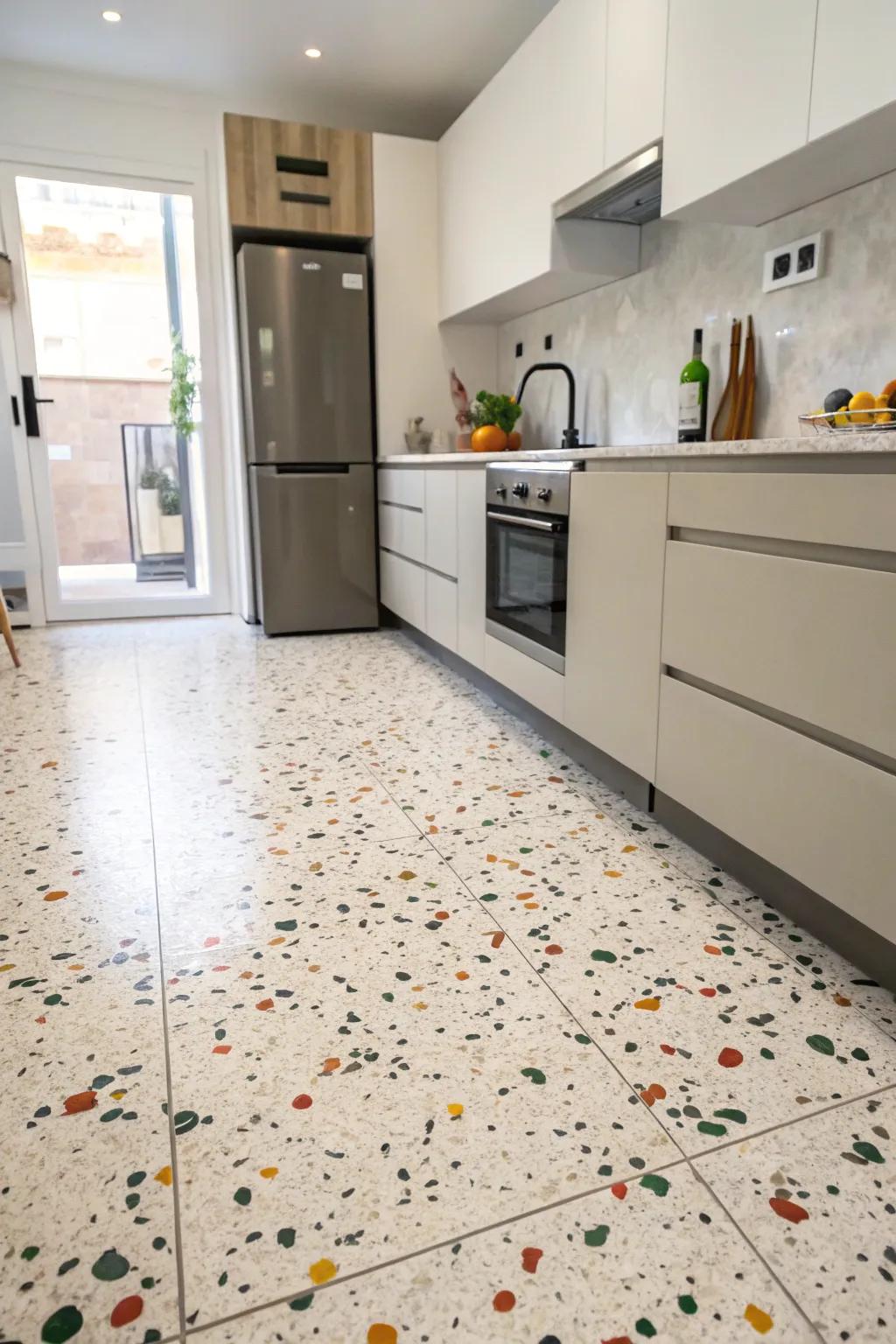 A kitchen with terrazzo painted floors, offering a stylish and practical timeless appeal.