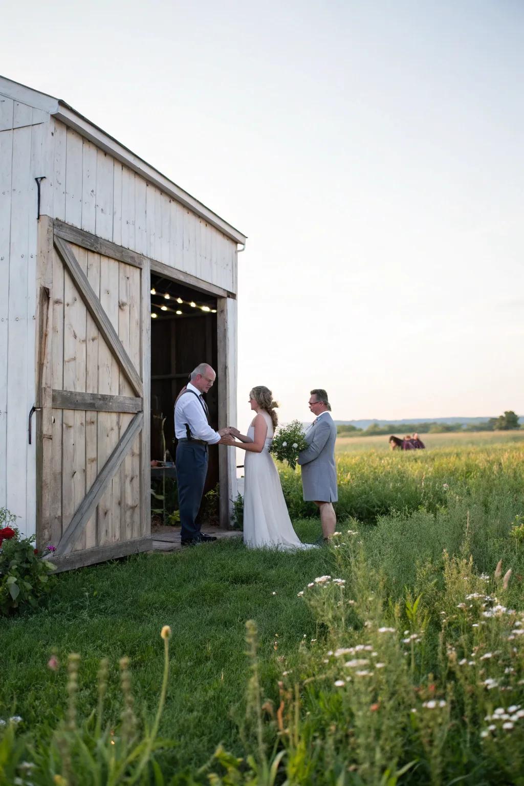 A barn door provides a rustic backdrop for the ceremony.