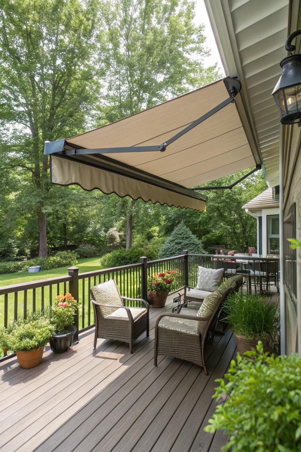 A retractable awning provides adaptable privacy and shade.