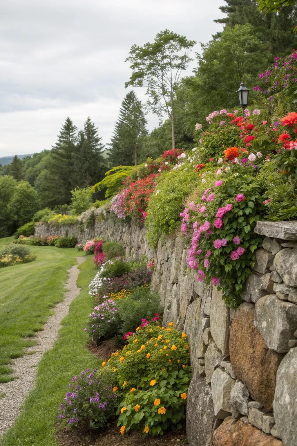 Colorful flowers add vibrant accents to rock walls.