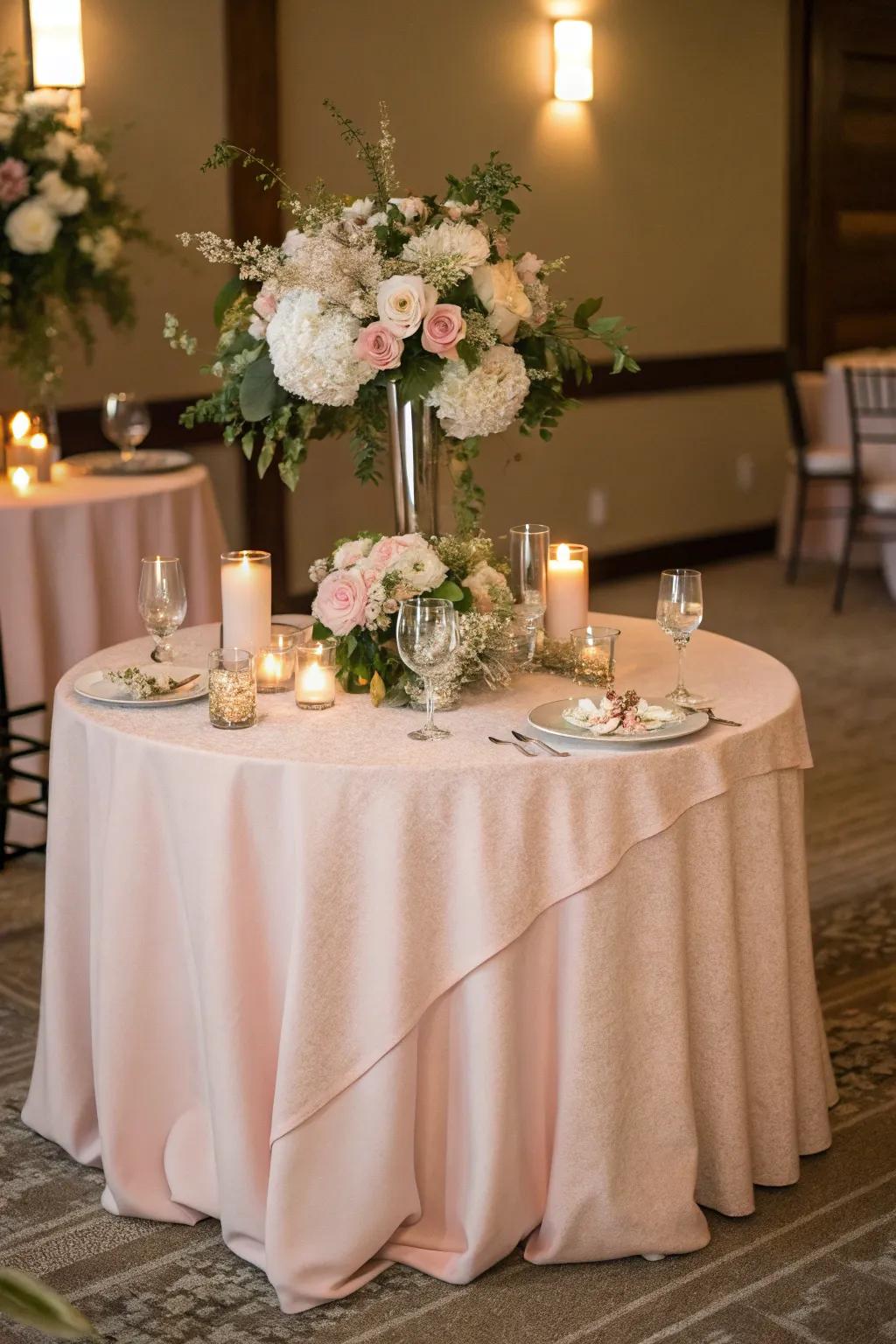 Soft rose cloth for a romantic wedding setting.