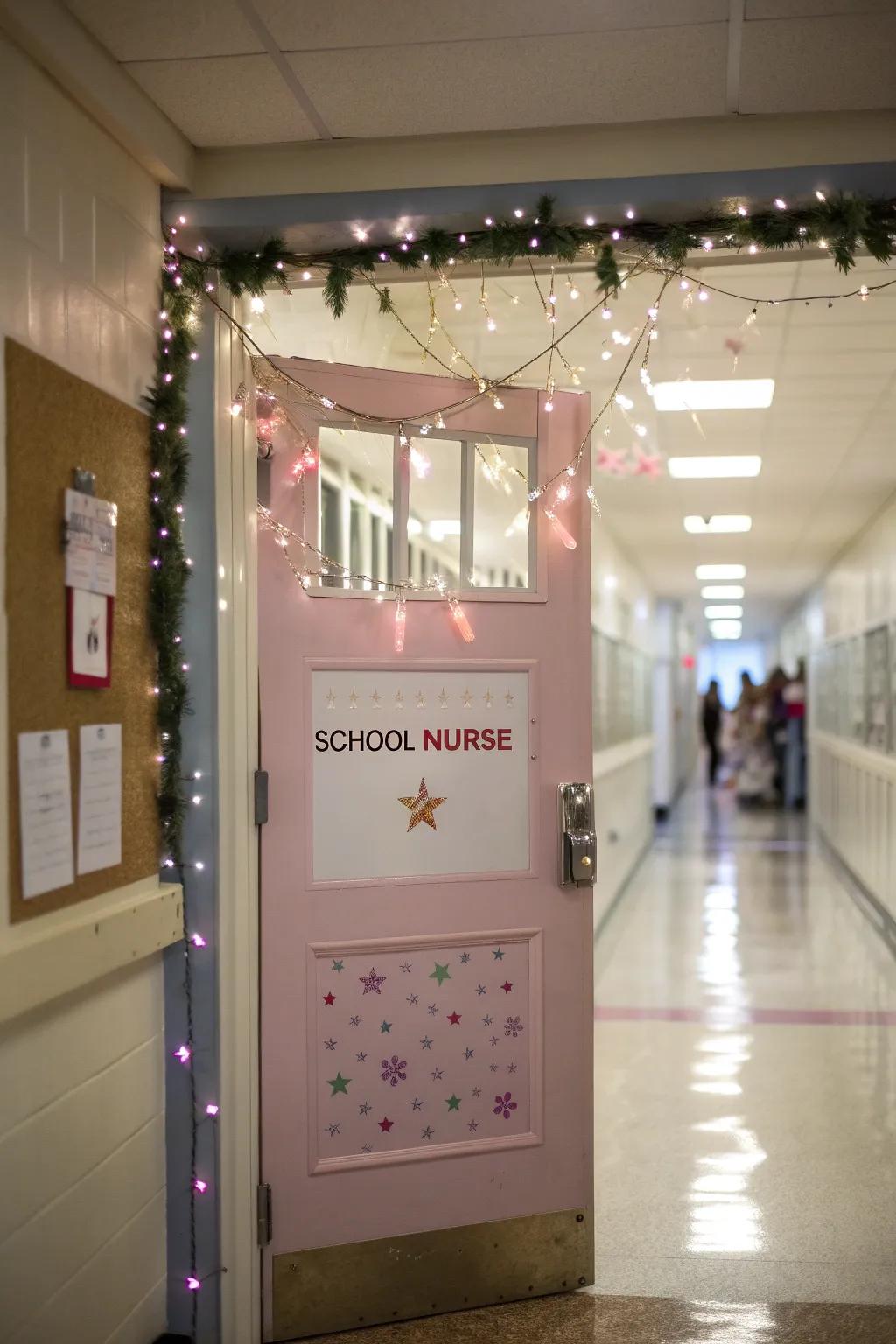 A whimsical school nurse door with magical elements that delight.