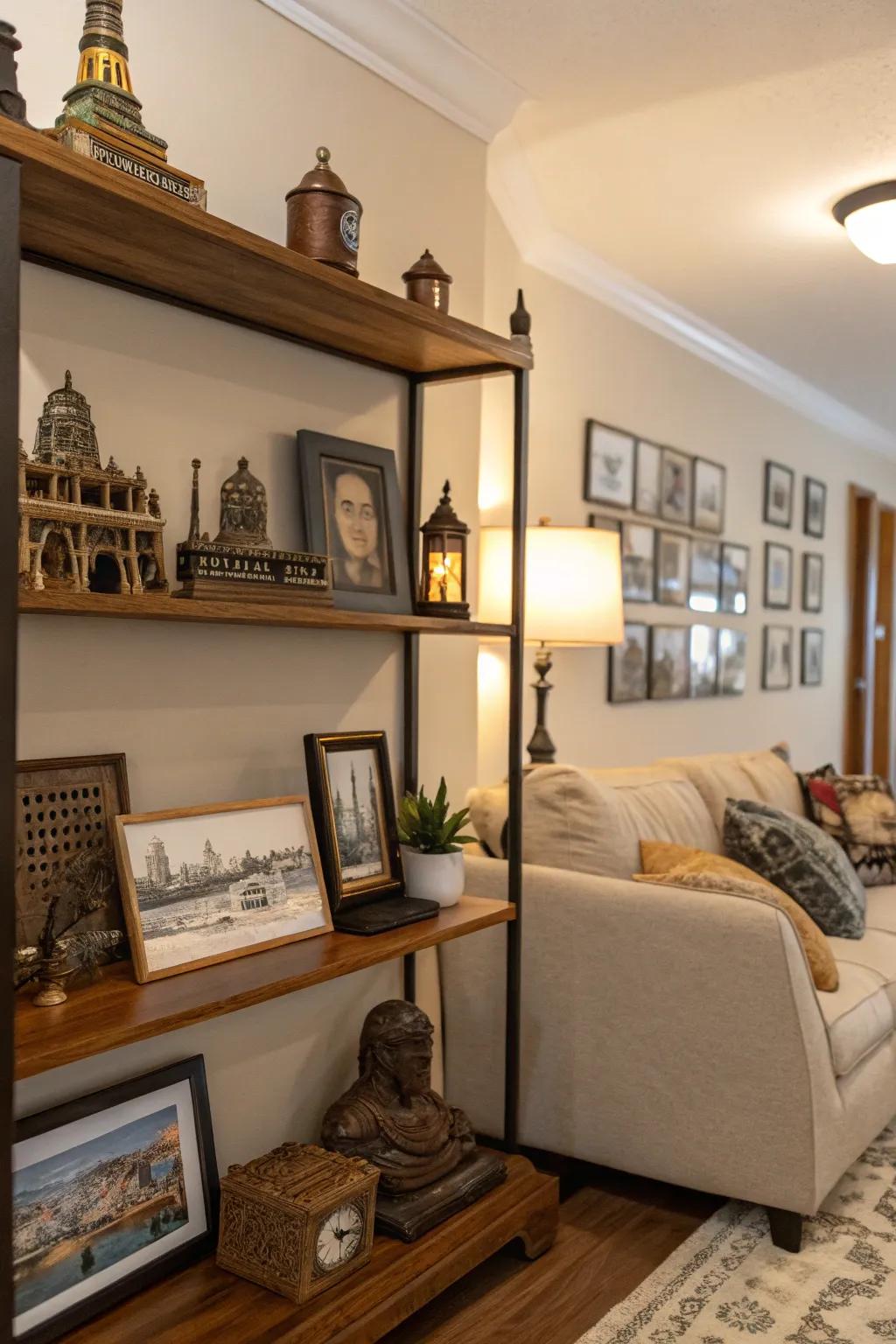 Personal souvenirs add a story to your shelf displays.