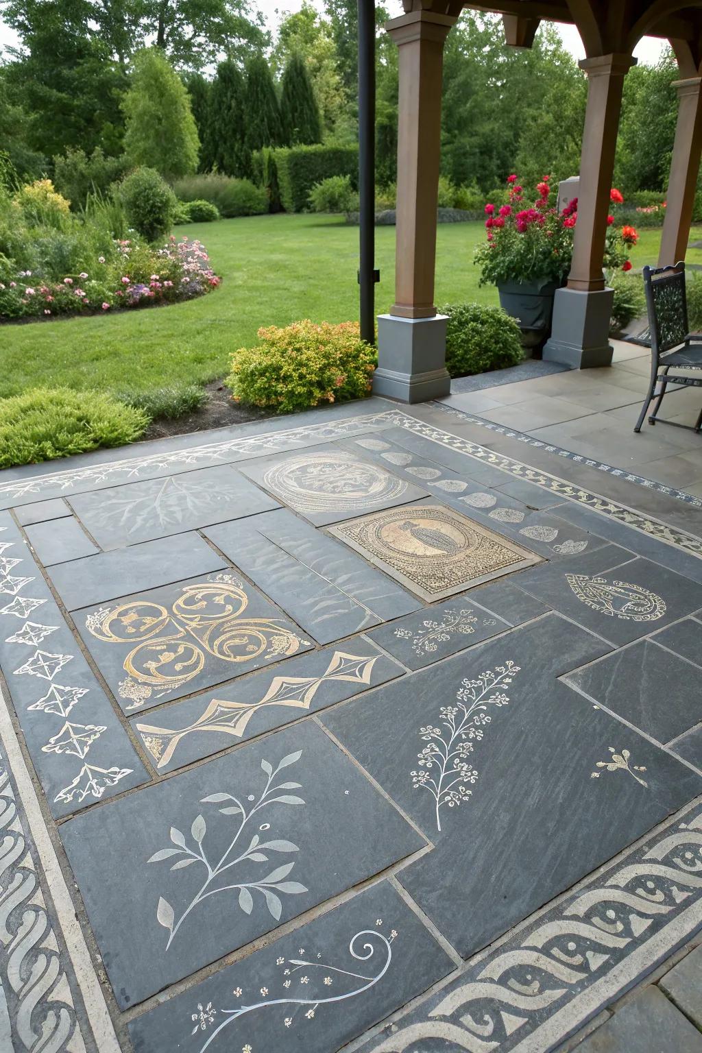 A uniquely personalized slate patio with bespoke designs.