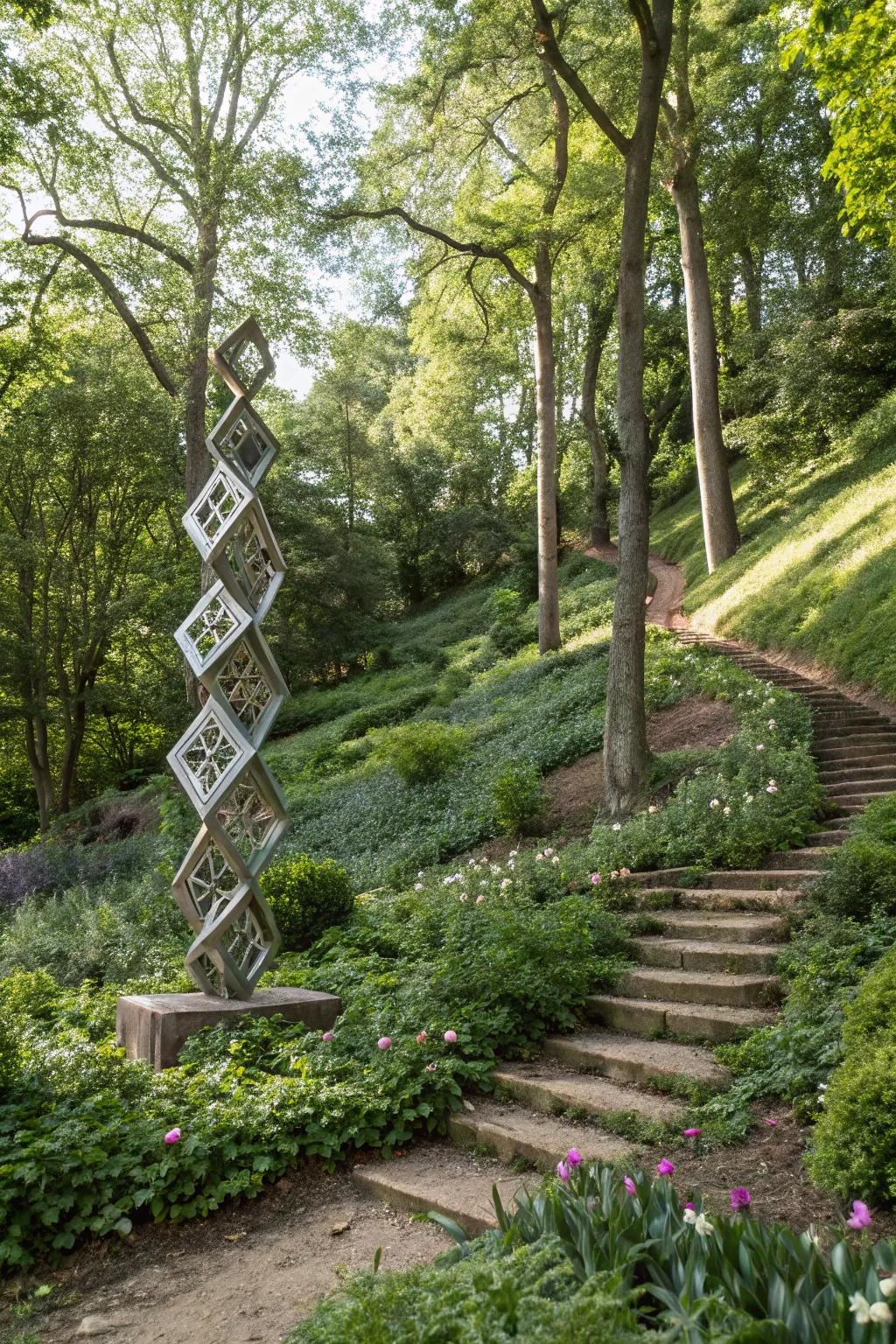 Art installations make sloped gardens uniquely personal.