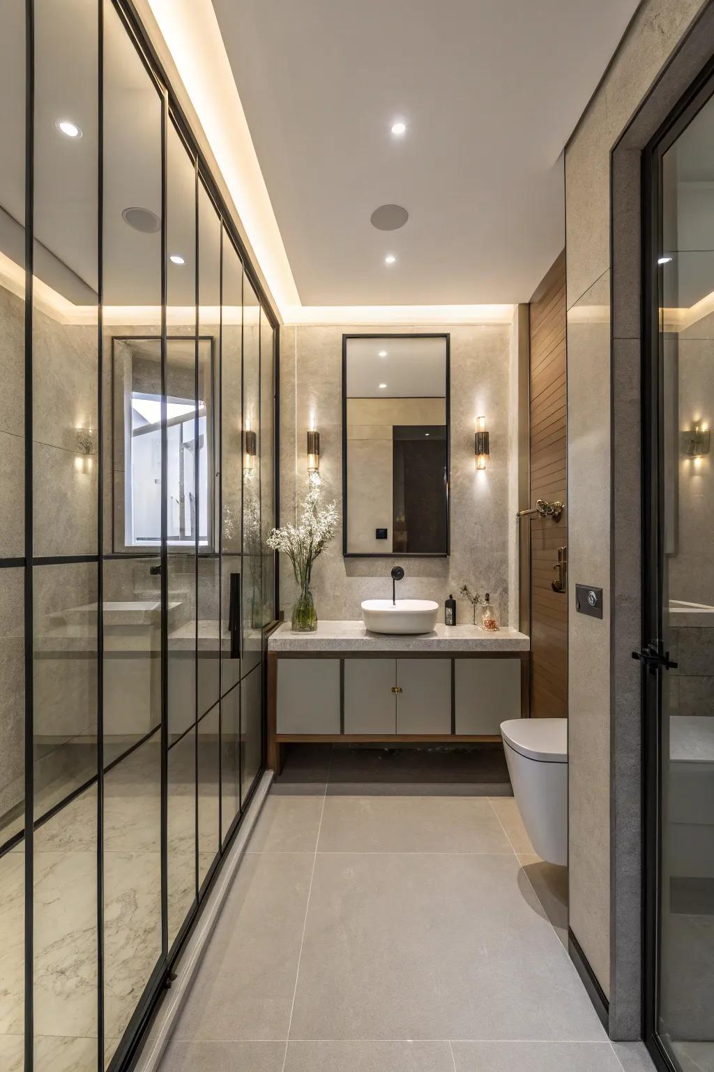 Vitreous segments in a diminutive bathroom, appending opulence and modernity.