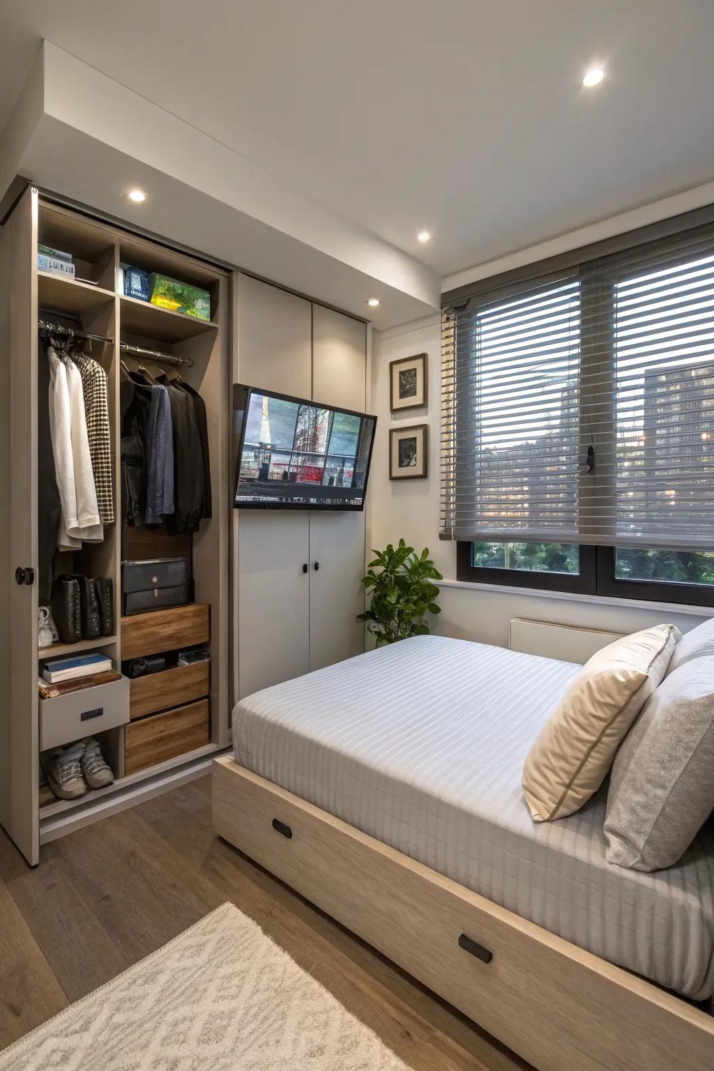 Smart technology enhances small bedroom functionality.