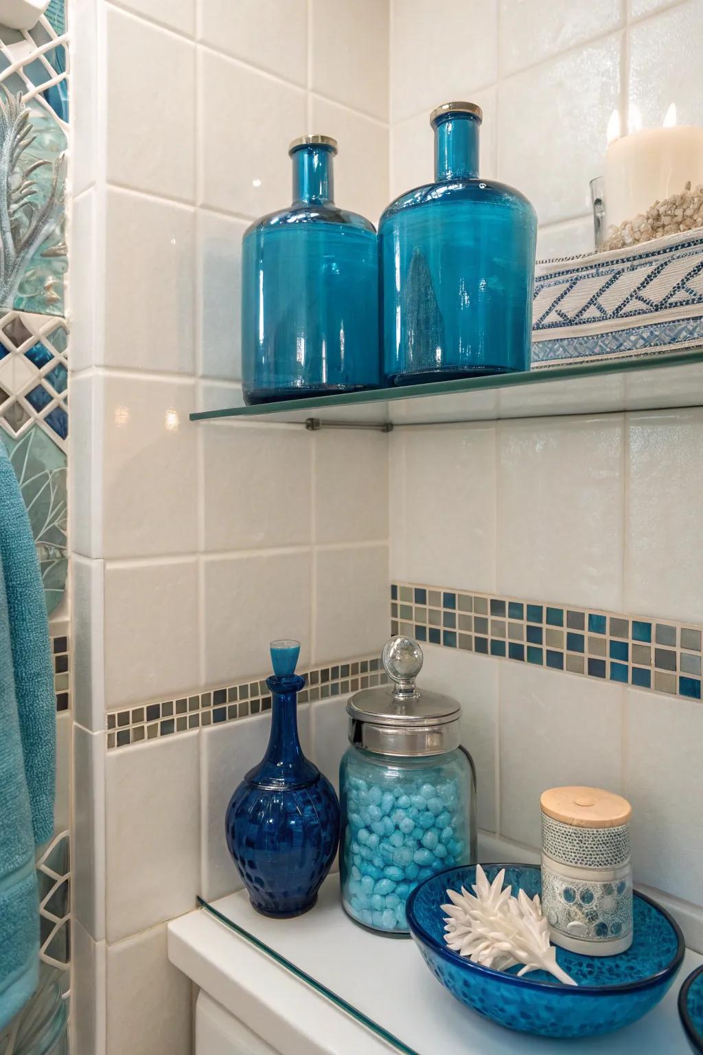 Blue glass accents add a touch of elegance and light reflection to the bathroom.